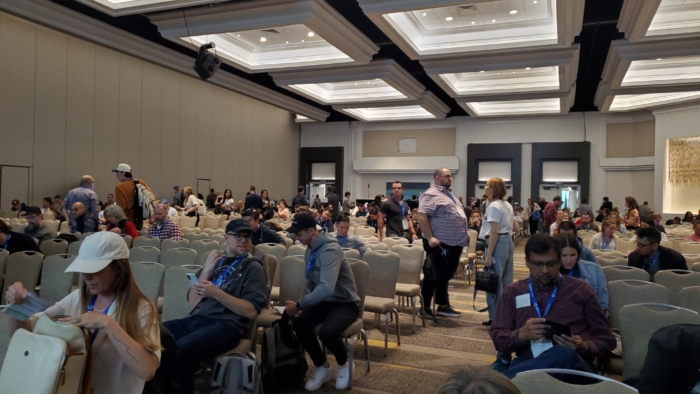 people leaving a room after a talk ends at BrightonSEO