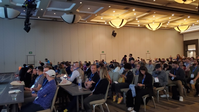 The crowd assembling for Rand Fishkin's speech in the combined conference room at the Hyatt.