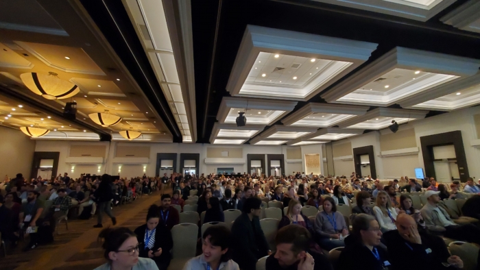 The crowd assembling for Rand Fishkin's speech in the combined conference room at the Hyatt.