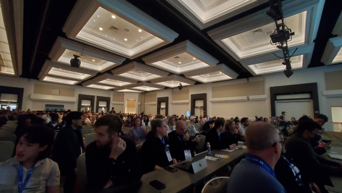 The crowd assembling for Rand Fishkin's speech in the combined conference room at the Hyatt.