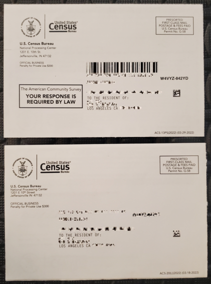 The front of the envelopes, censored addresses, from the USA Census Bureau, on cardstock.